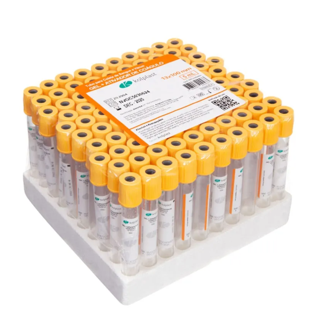 Tubo a Vácuo com Gel + Ativador de Coágulo 5 mL – Plástico 13×100 mm, Rack com 100 Unidades