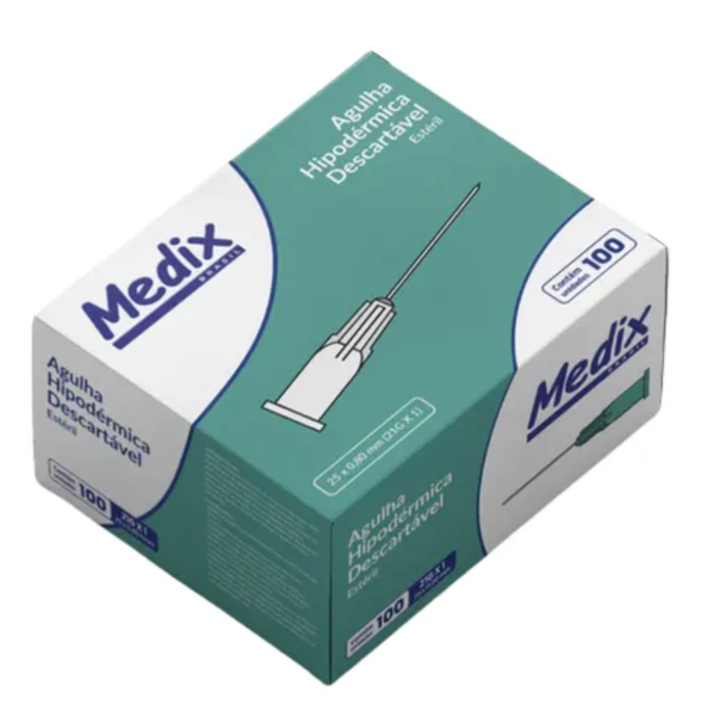 Agulha Hipodérmica Descartável 25 x 8 (21G x 1") Medix – Caixa com 100 Unidades
