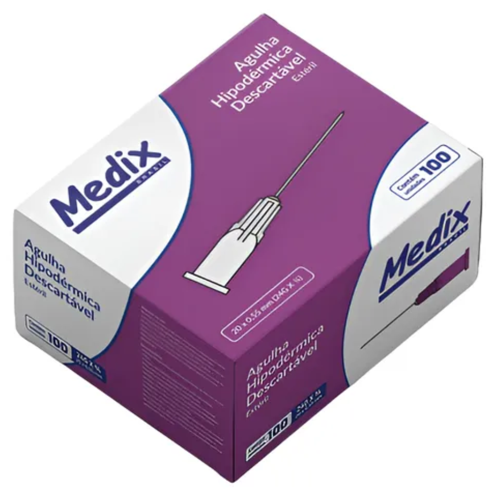 Agulha Hipodérmica Descartável 20 x 0,55 mm (24G x 3/4") – Caixa com 100 Unidades | Canhão Roxo
