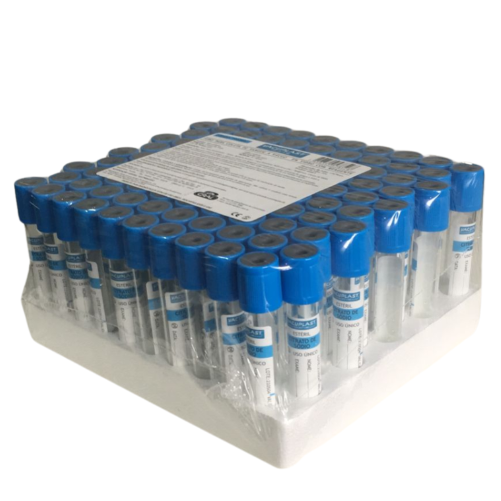 Tubo a Vácuo Citrato de Sódio 2 mL – Vidro 13×75 mm, Caixa com 100 Unidades