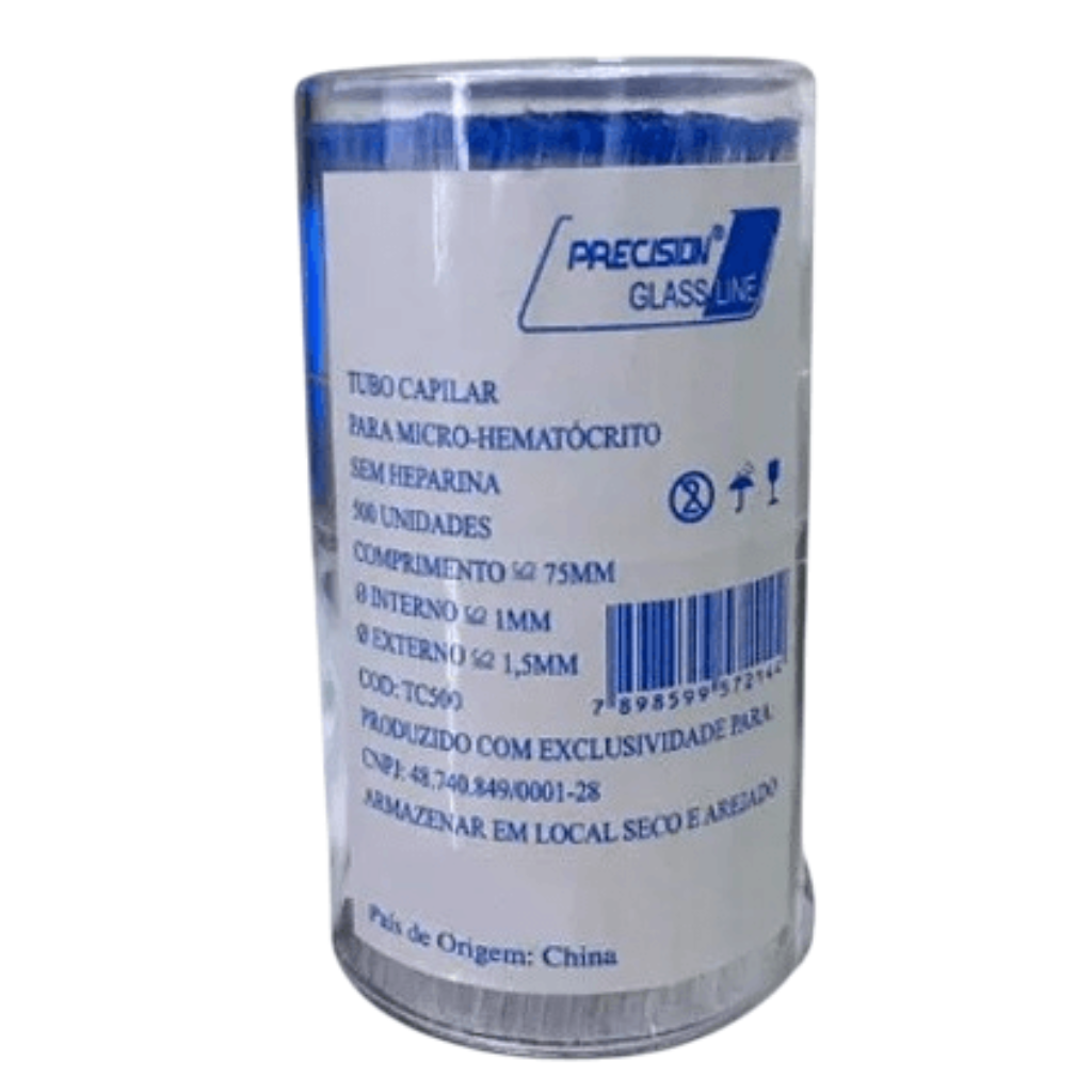 Tubo Capilar para Micro-hematócrito sem Heparina – 75 mm, Frasco com 500 Unidades