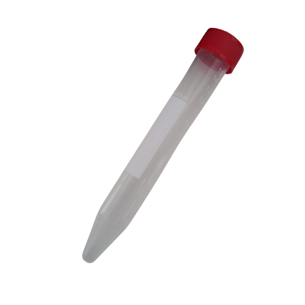 Tubo Cônico Tipo Falcon 15 mL – Estéril, Tampa Vermelha Rosca, Pacote com 50 Unidades
