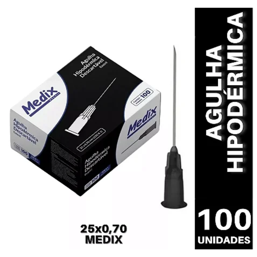 Agulha Hipodérmica Descartável 25 x 7 (22G x 1") Medix – Caixa com 100 Unidades