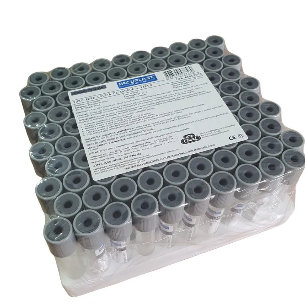 Tubo Coleta Sangue 4 mL 13x75 mm c/ Fluoreto de Sódio – 100 Unidades